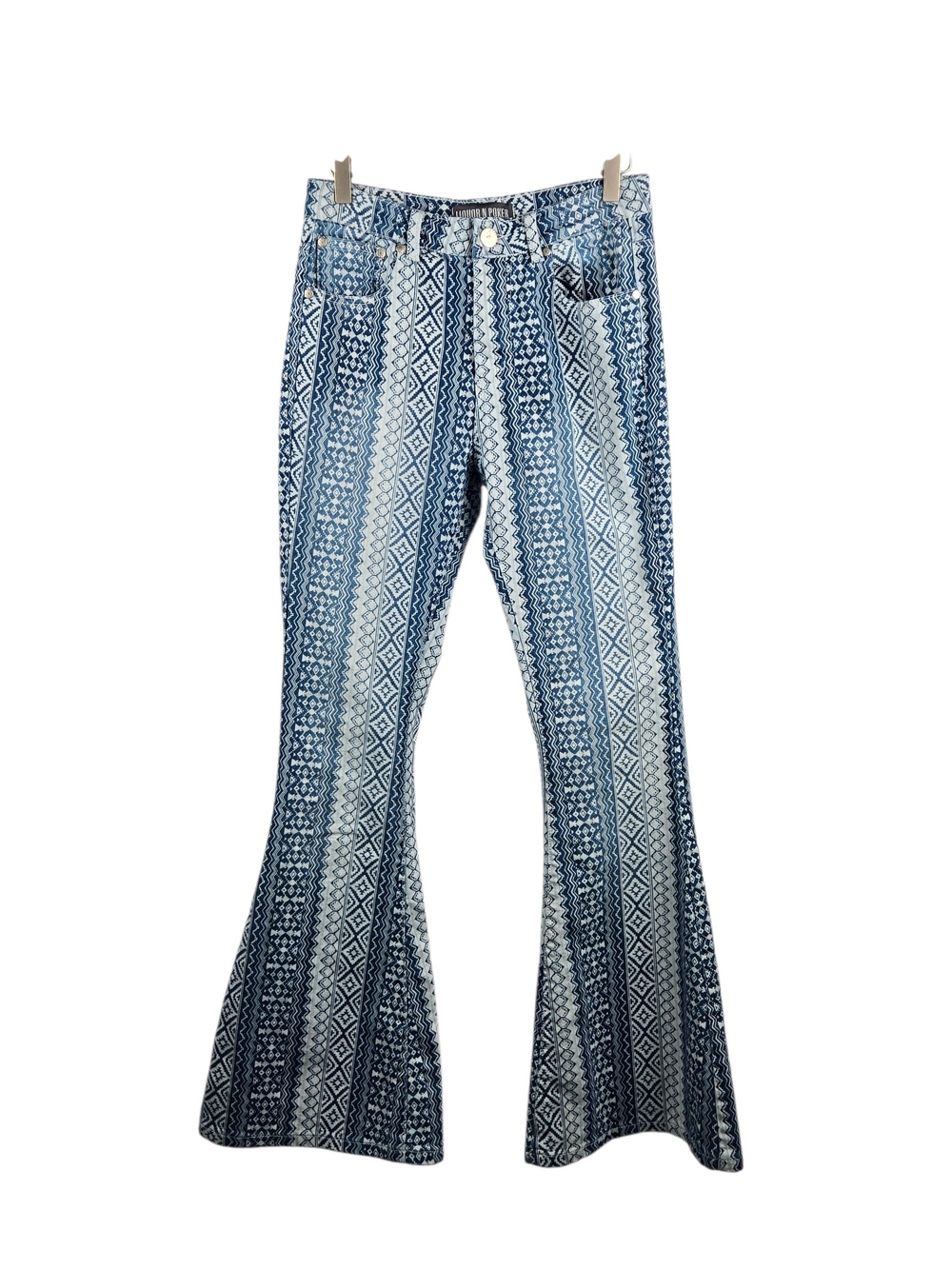 Liquor N Poker Printed Flare Jeans Blue White Size 10